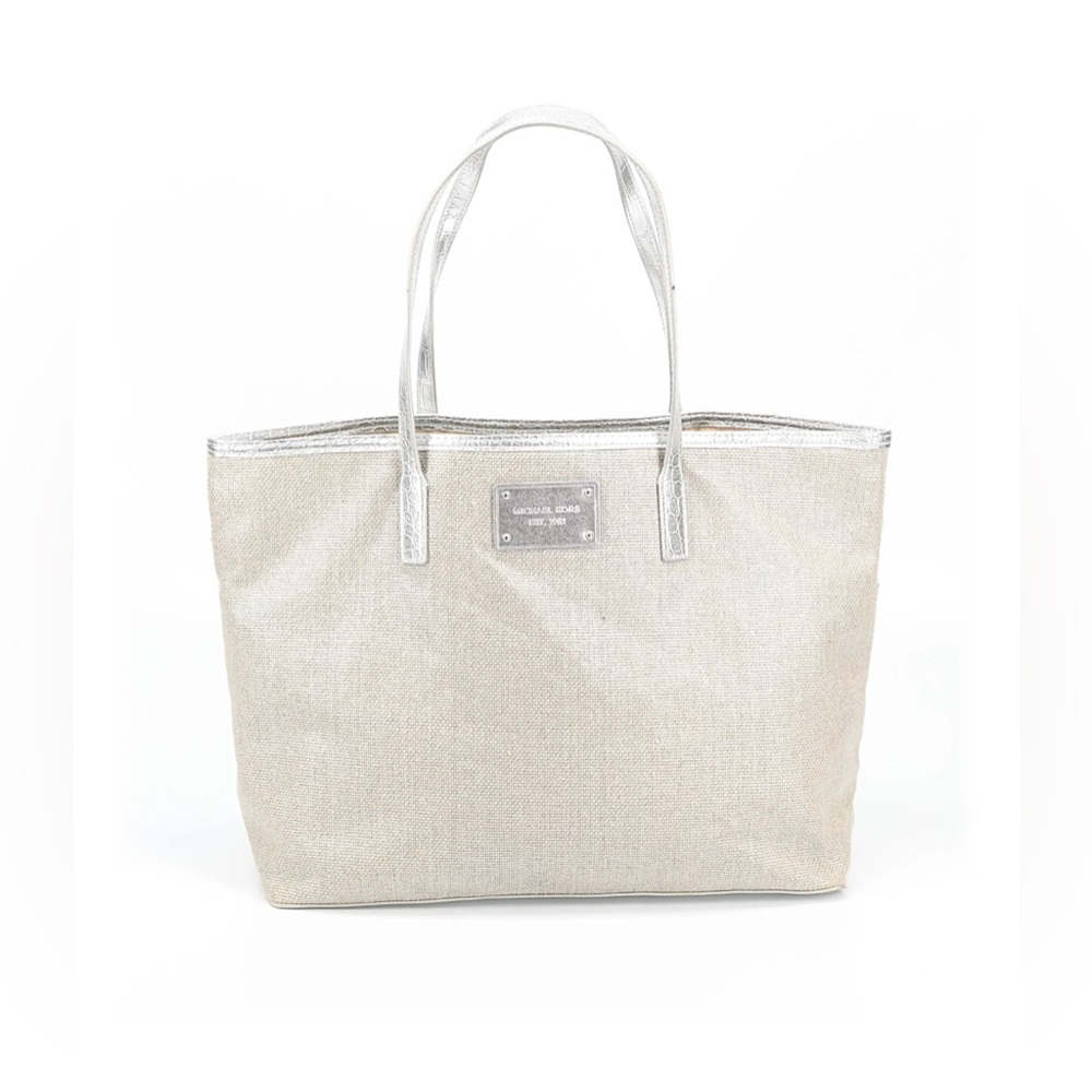 Michael Kors Champagne Woven Tote Bag Silver Metallic Croc Trim Large Shopper